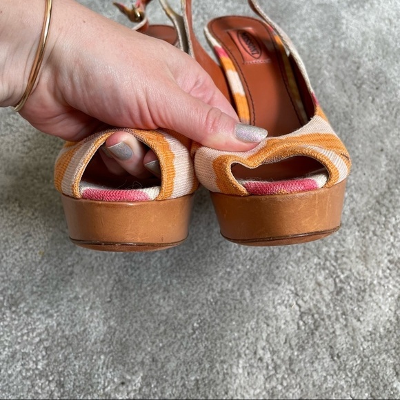 Missoni Multicolor Ikat Printed Fabric Leather Slingback Peep Toe Platform Heels - Picture 4 of 10